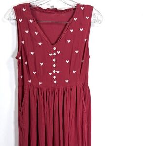 Anouk Aware Red Heart Embroidered Maxi Dress Button Front Women Size M Cottage